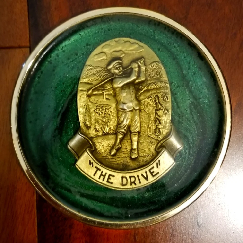 (3) Brass Medallion Green Marbled Golf Themed Coasters